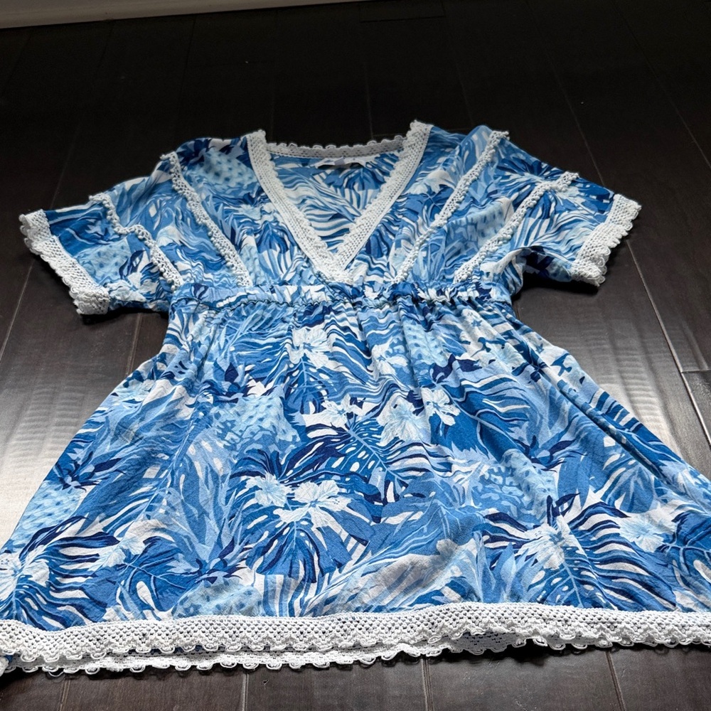 Blue Tropical Print Women's Swim Coverup with Crochet Trim